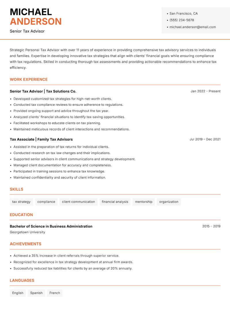 Personal Tax Advisor resume sample — Senior Tax Advisor focus