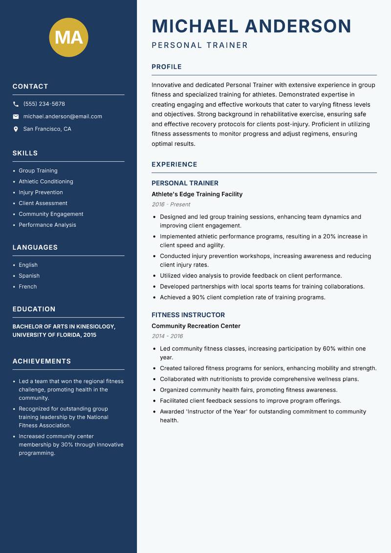 Personal Trainer resume sample — Personal Trainer focus