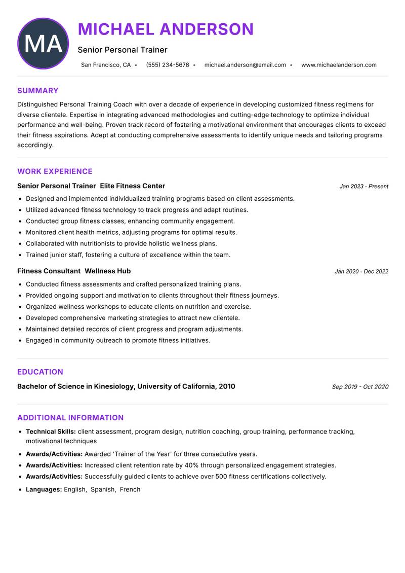 Personal Training Coach resume example