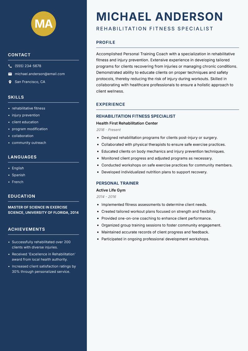 Personal Training Coach resume sample — Rehabilitation Fitness Specialist focus