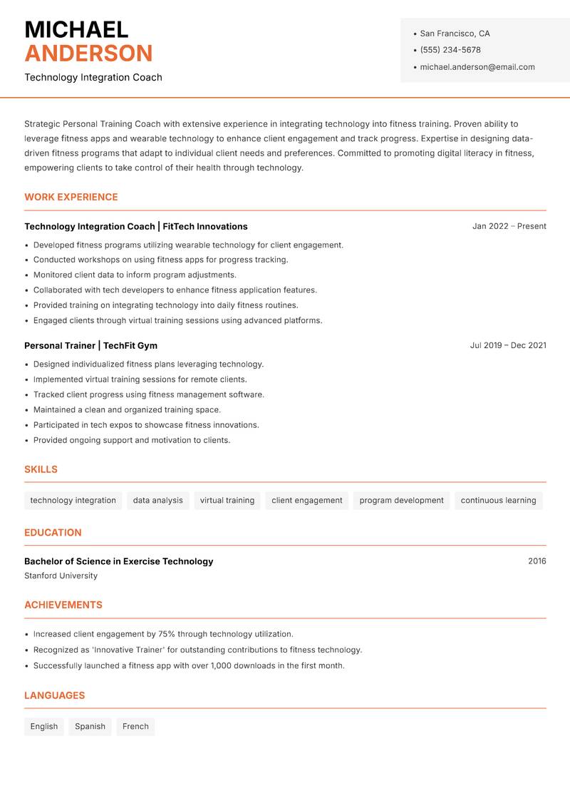 Personal Training Coach resume sample — Technology Integration Coach focus