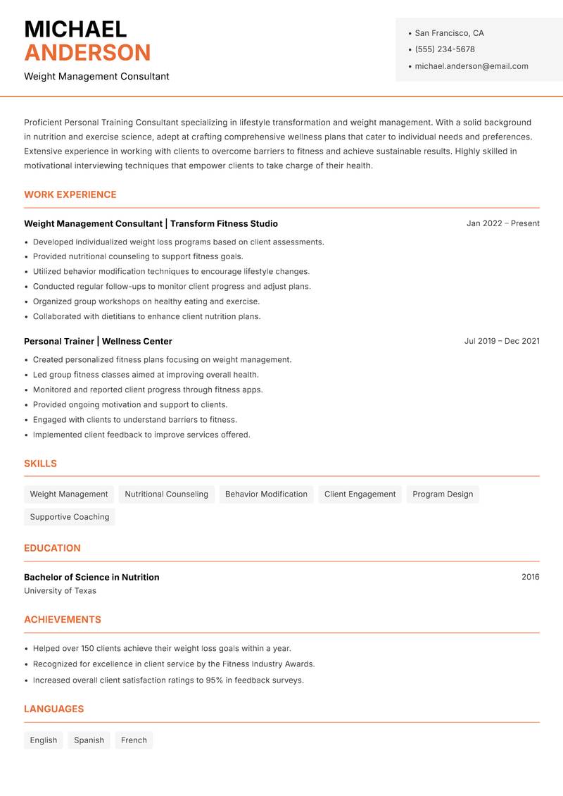 Personal Training Consultant resume sample — Weight Management Consultant focus