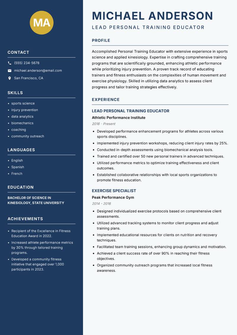 Personal Training Educator resume sample — Lead Personal Training Educator focus