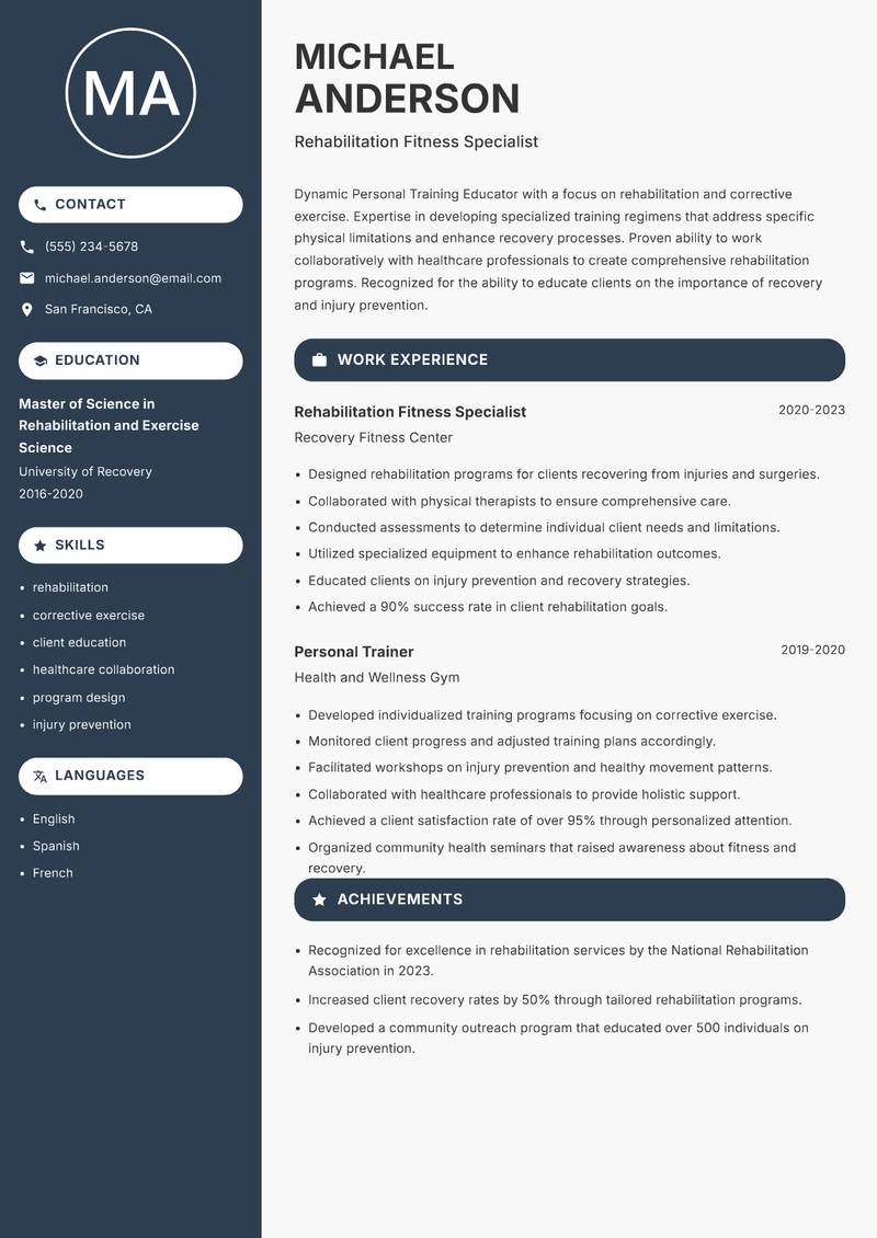 Personal Training Educator resume sample — Rehabilitation Fitness Specialist focus