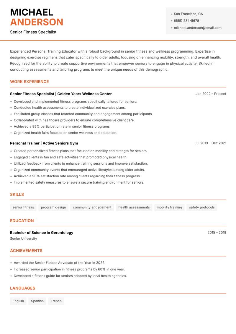 Personal Training Educator resume sample — Senior Fitness Specialist focus