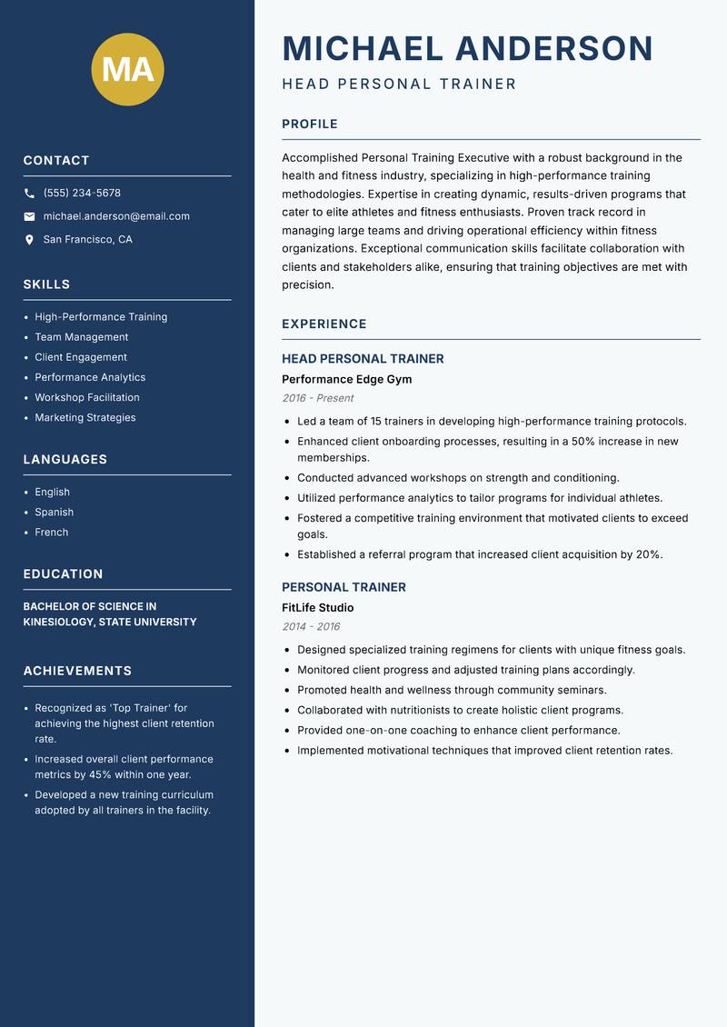 Personal Training Executive resume sample — Head Personal Trainer focus