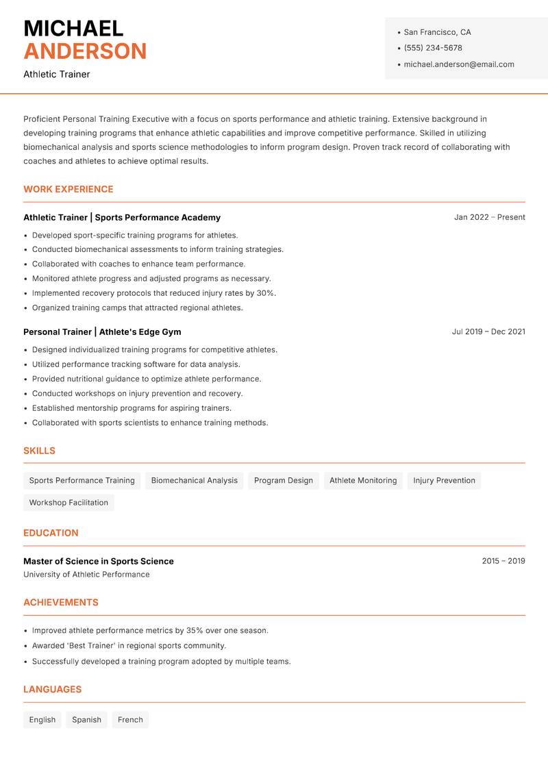Personal Training Executive resume sample — Athletic Trainer focus