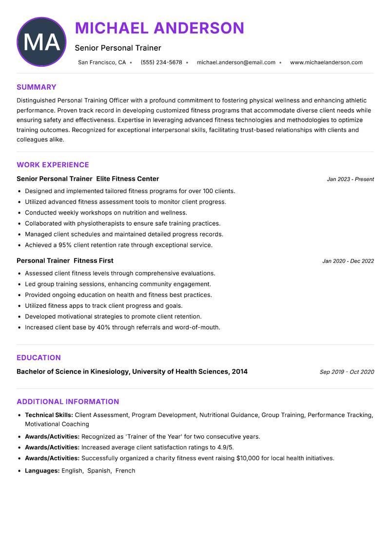 Personal Training Officer resume example