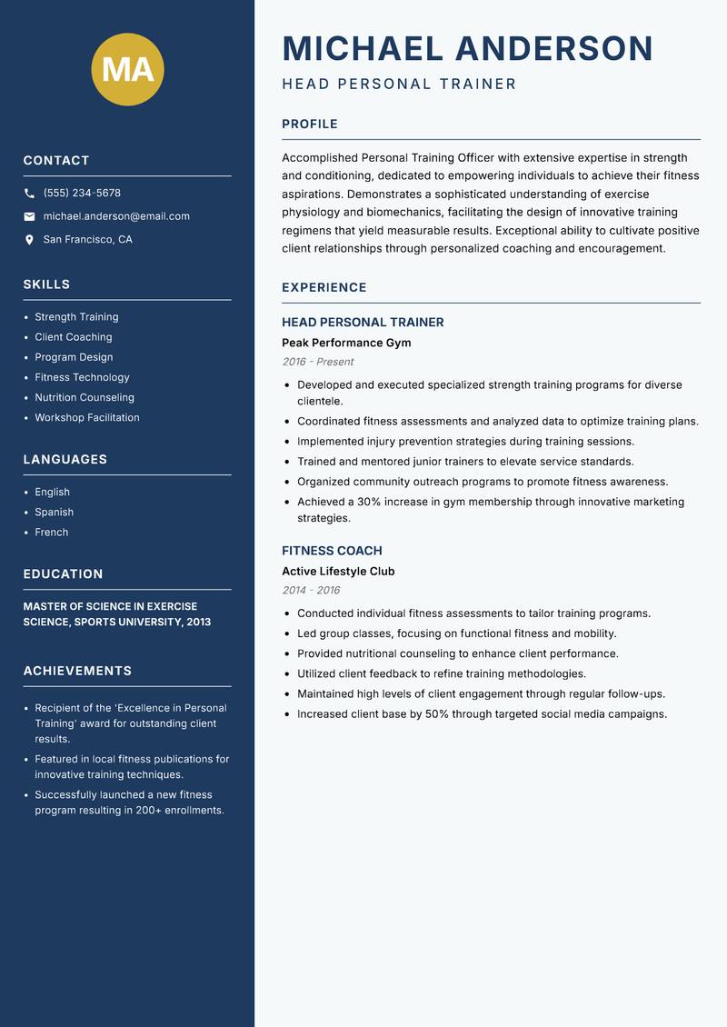 Personal Training Officer resume sample — Head Personal Trainer focus