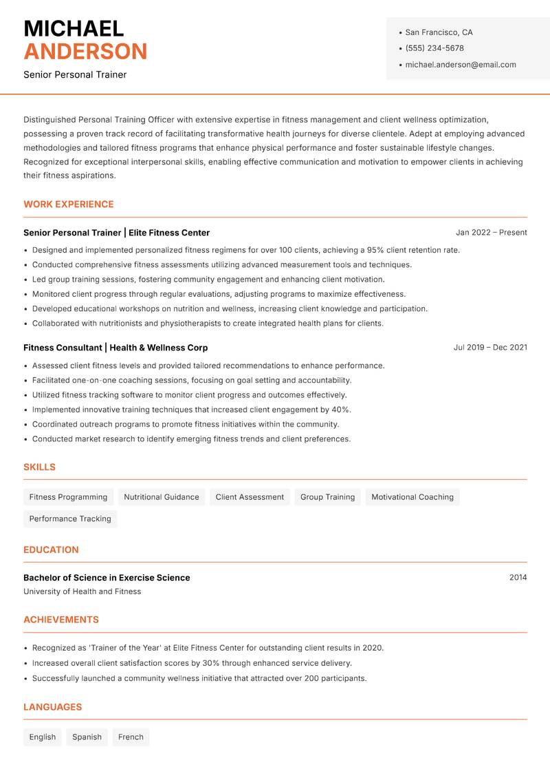 Personal Training Officer resume sample — Senior Personal Trainer focus