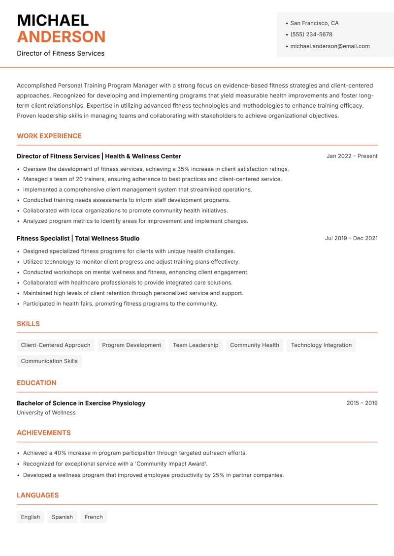 Personal Training Program Manager resume sample — Director of Fitness Services focus