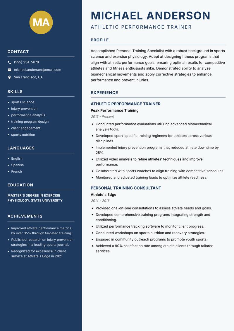 Personal Training Specialist resume sample — Athletic Performance Trainer focus