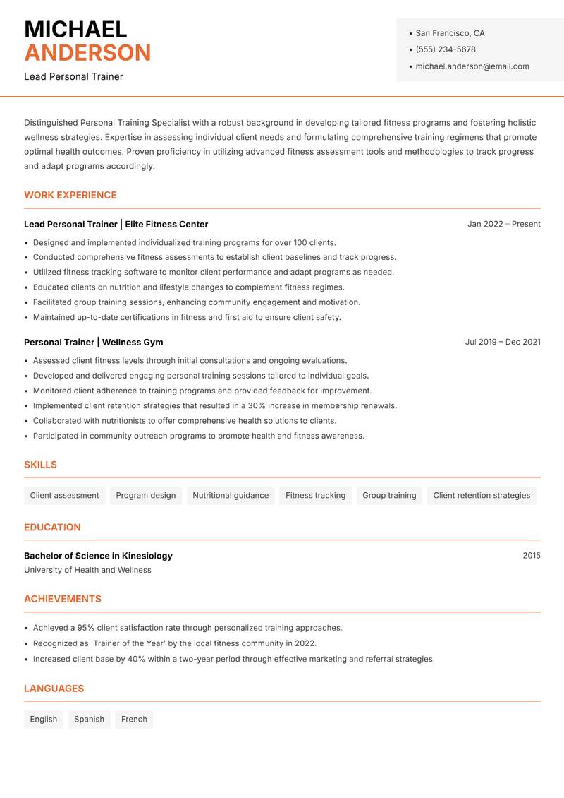 Personal Training Specialist resume sample — Lead Personal Trainer focus