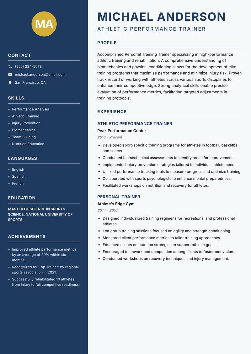 Personal Training Trainer resume sample — Athletic Performance Trainer focus