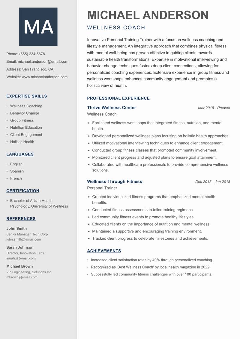 Personal Training Trainer resume sample — Wellness Coach focus