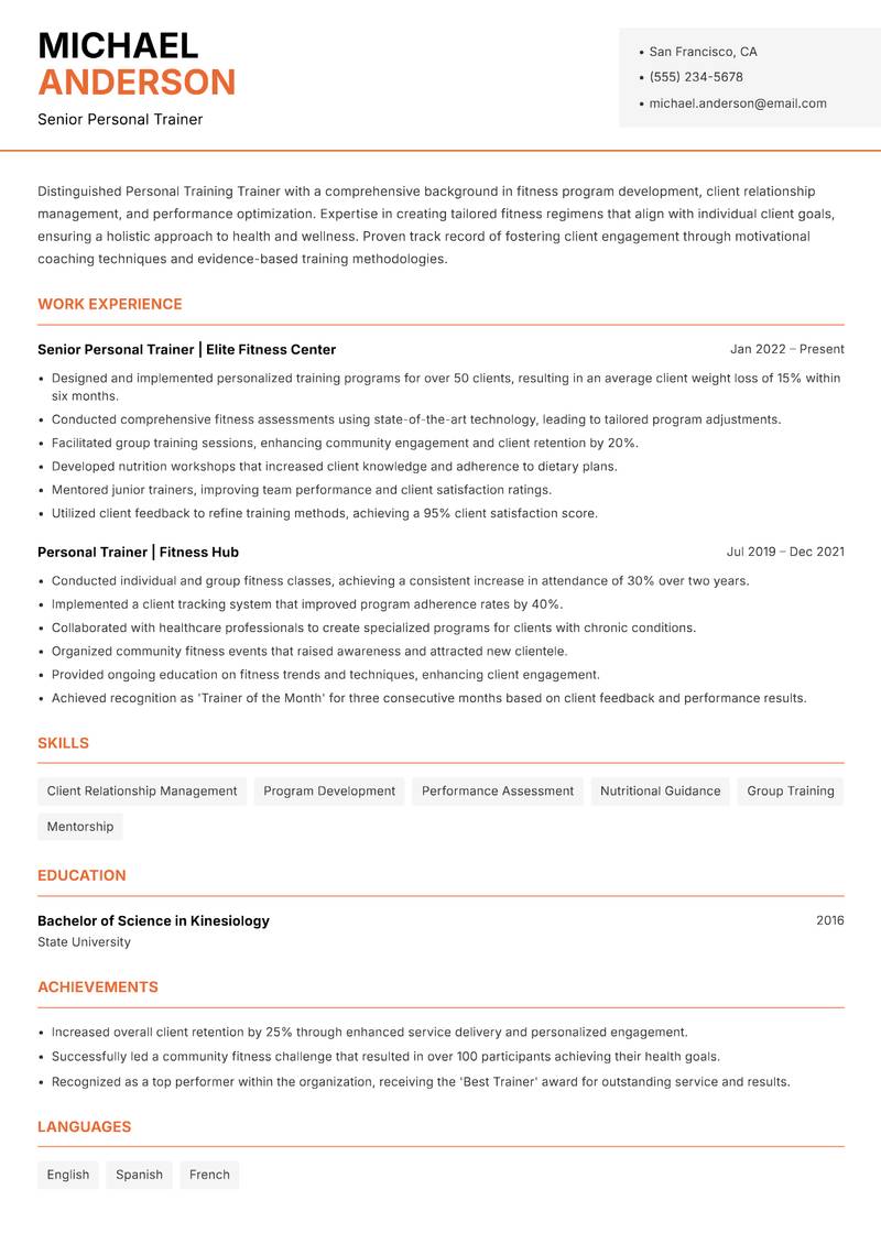 Personal Training Trainer resume sample — Senior Personal Trainer focus