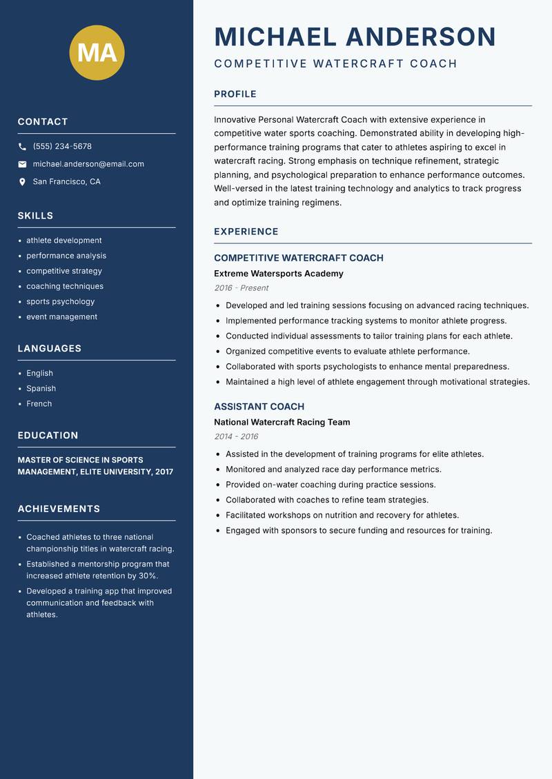 Personal Watercraft Coach resume sample — Competitive Watercraft Coach focus