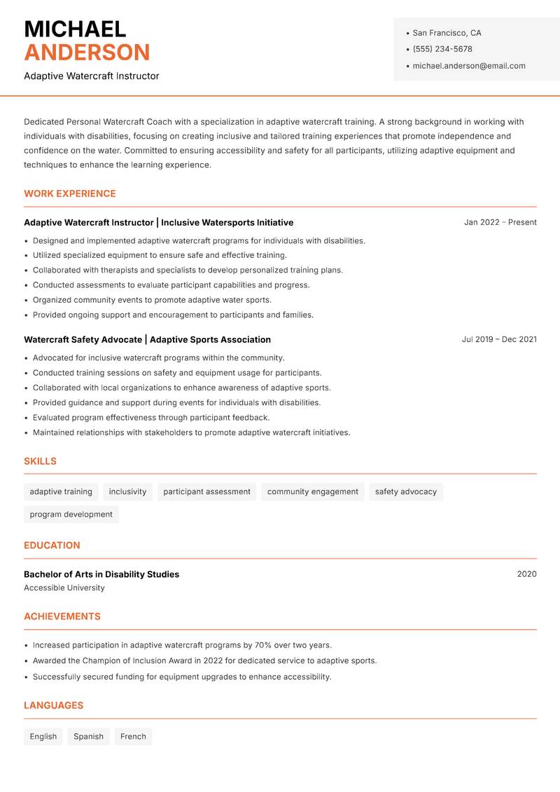 Personal Watercraft Coach resume sample — Adaptive Watercraft Instructor focus