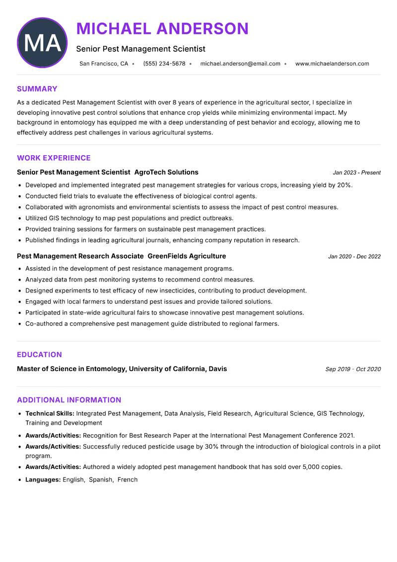 Pest Management Scientist resume example