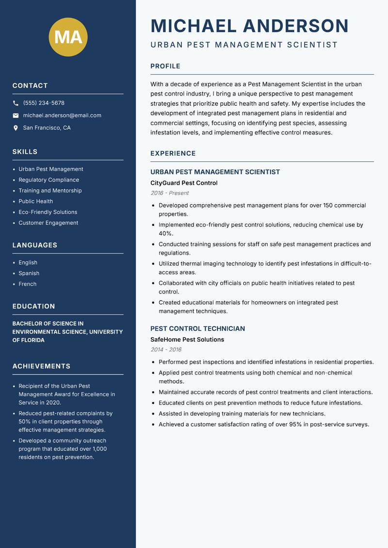 Pest Management Scientist resume sample — Urban Pest Management Scientist focus