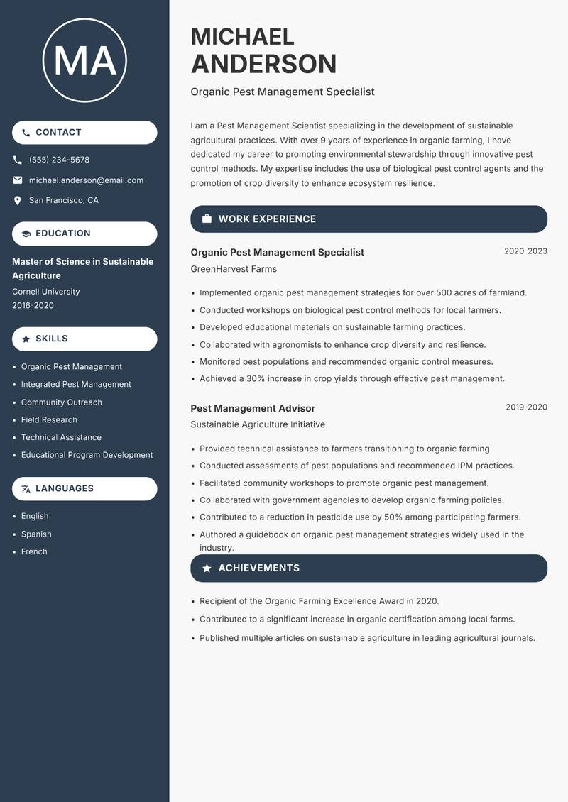 Pest Management Scientist resume sample — Organic Pest Management Specialist focus