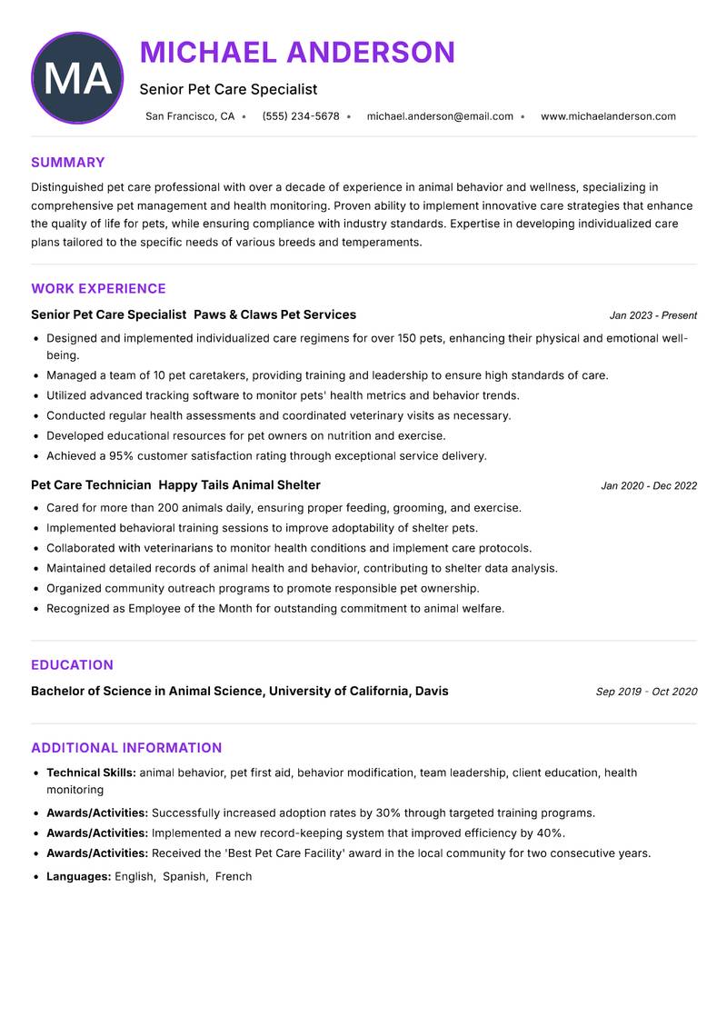 Pet Caretaker resume example