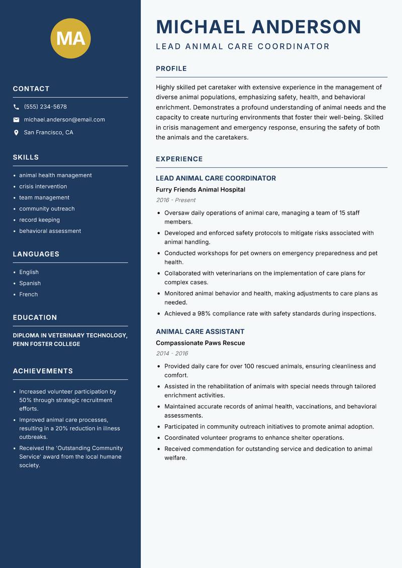 Pet Caretaker resume sample — Lead Animal Care Coordinator focus
