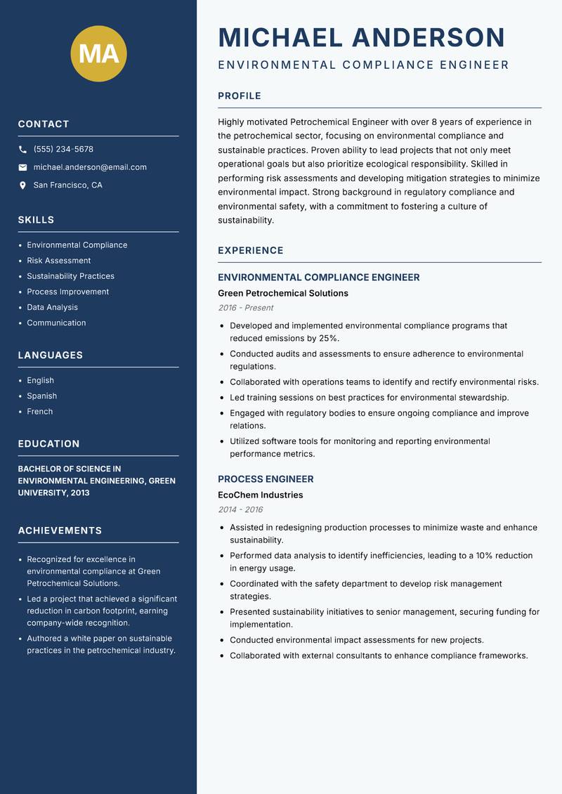 Petrochemical Engineer resume sample — Environmental Compliance Engineer focus