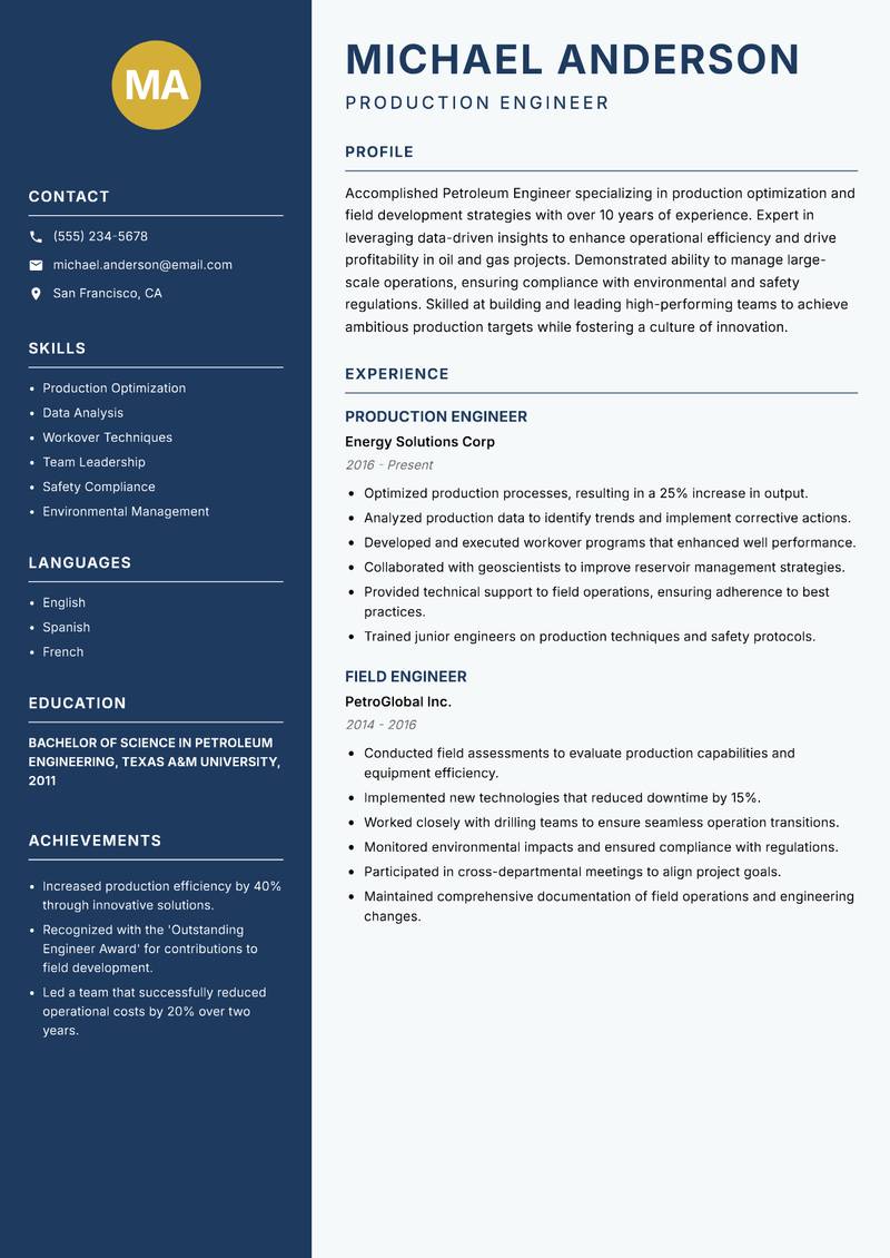 Petroleum Engineer resume sample — Production Engineer focus