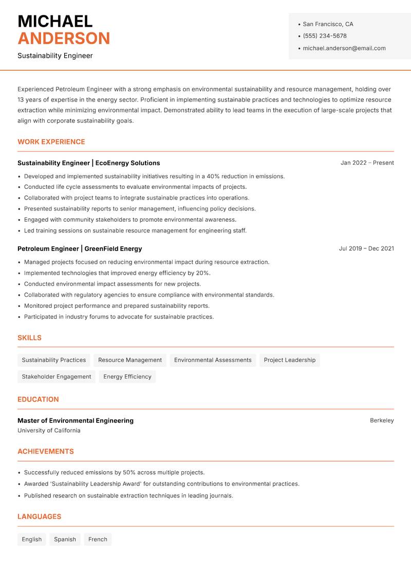 Petroleum Engineer resume sample — Sustainability Engineer focus