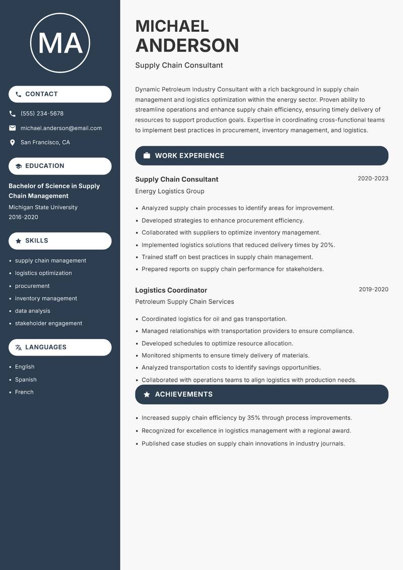 Petroleum Industry Consultant resume sample — Supply Chain Consultant focus