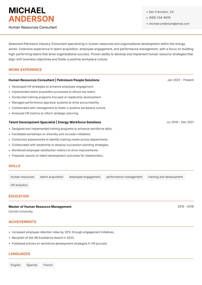 Petroleum Industry Consultant resume sample — Human Resources Consultant focus