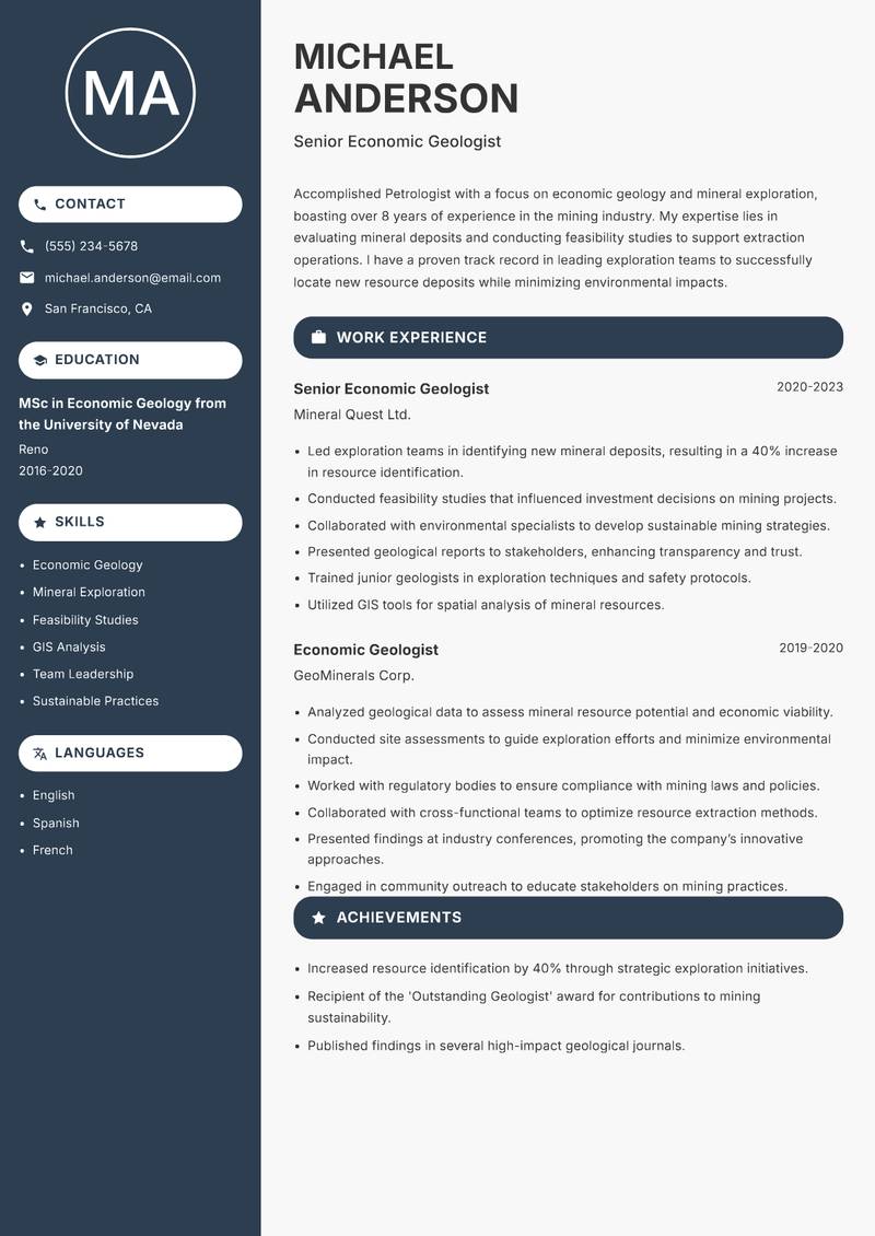 Petrologist resume sample — Senior Economic Geologist focus