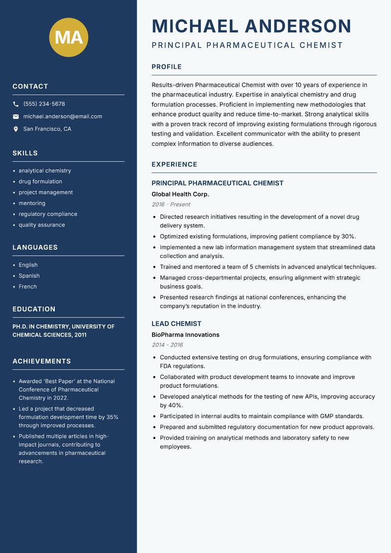 Pharmaceutical Chemist resume sample — Principal Pharmaceutical Chemist focus