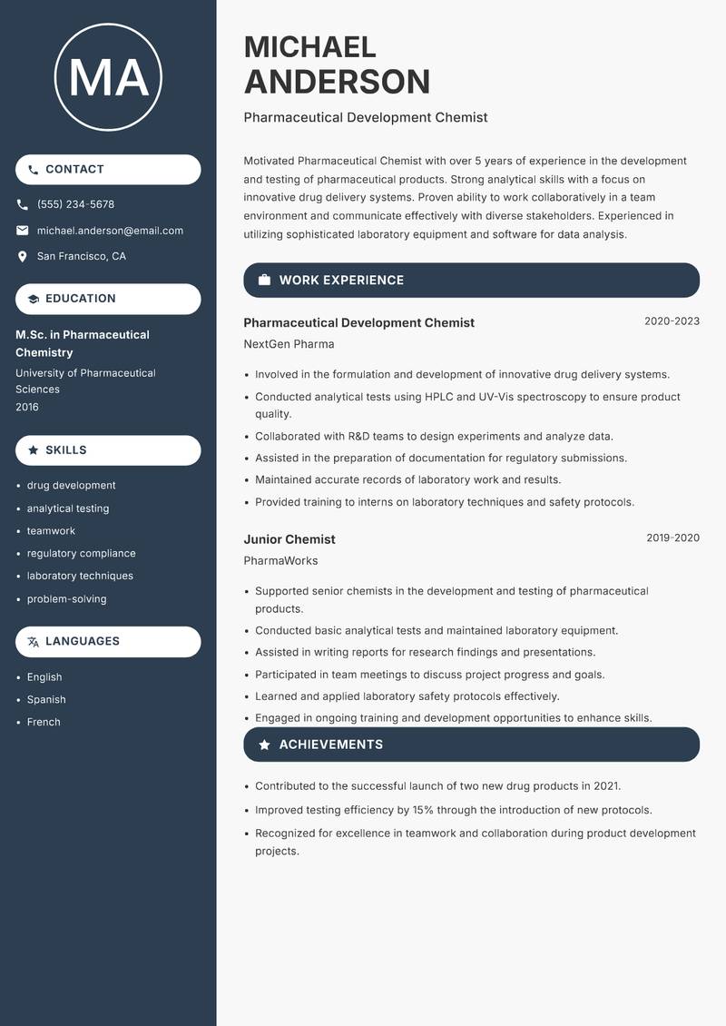 Pharmaceutical Chemist resume sample — Pharmaceutical Development Chemist focus