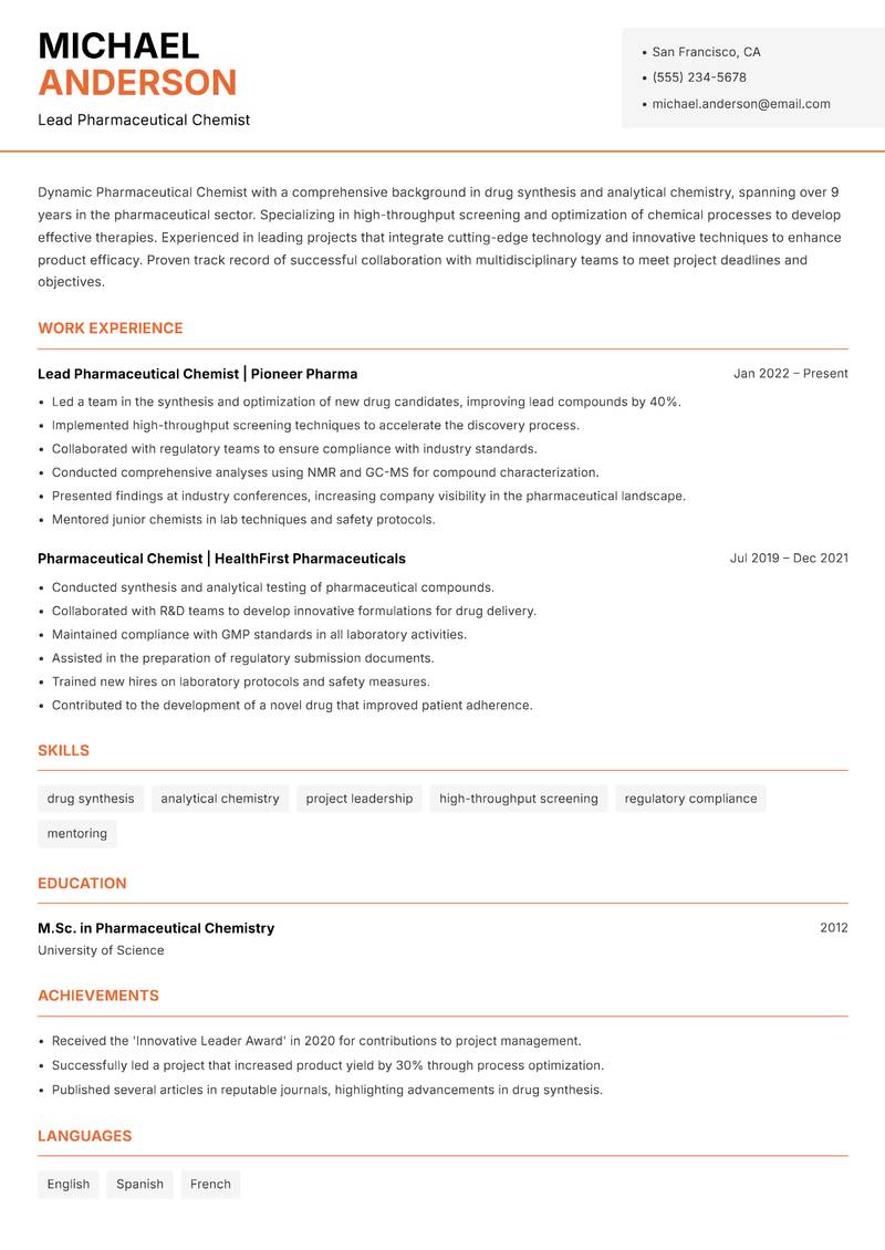 Pharmaceutical Chemist resume sample — Lead Pharmaceutical Chemist focus