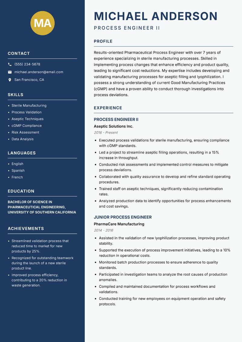 Pharmaceutical Process Engineer resume sample — Process Engineer II focus