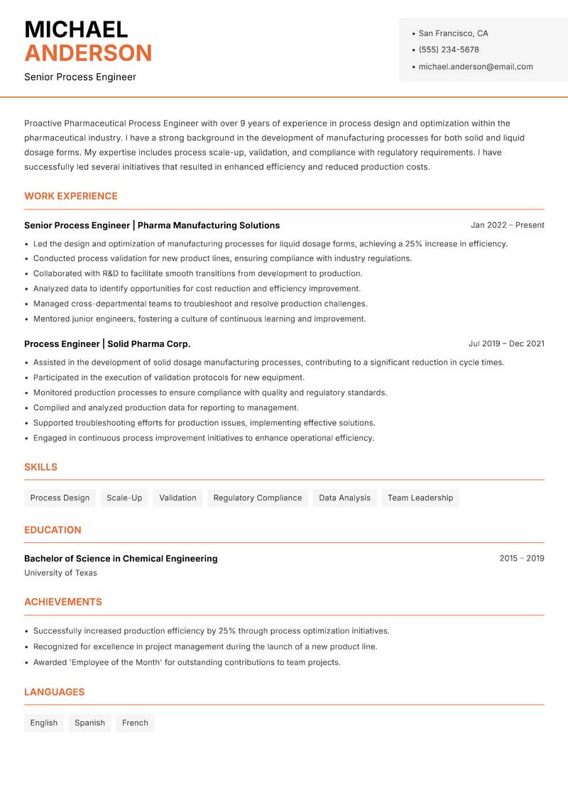 Pharmaceutical Process Engineer resume sample — Senior Process Engineer focus