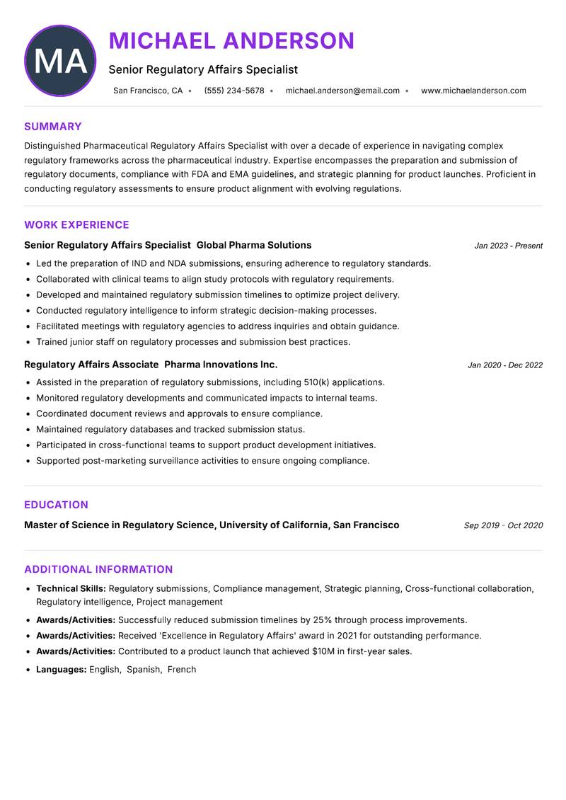 Pharmaceutical Regulatory Affairs Specialist resume example