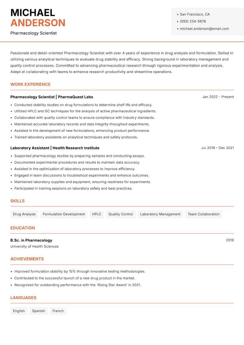 Pharmacology Scientist resume sample — Pharmacology Scientist focus