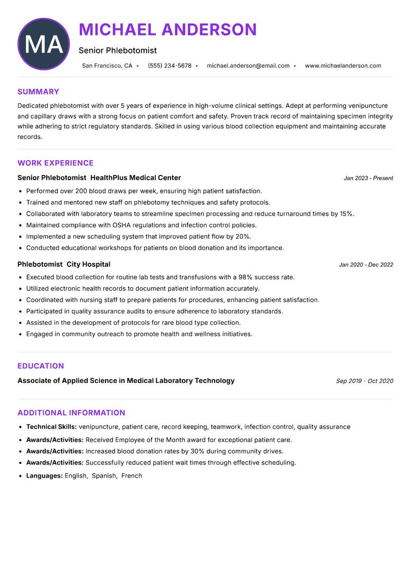 Phlebotomist resume example
