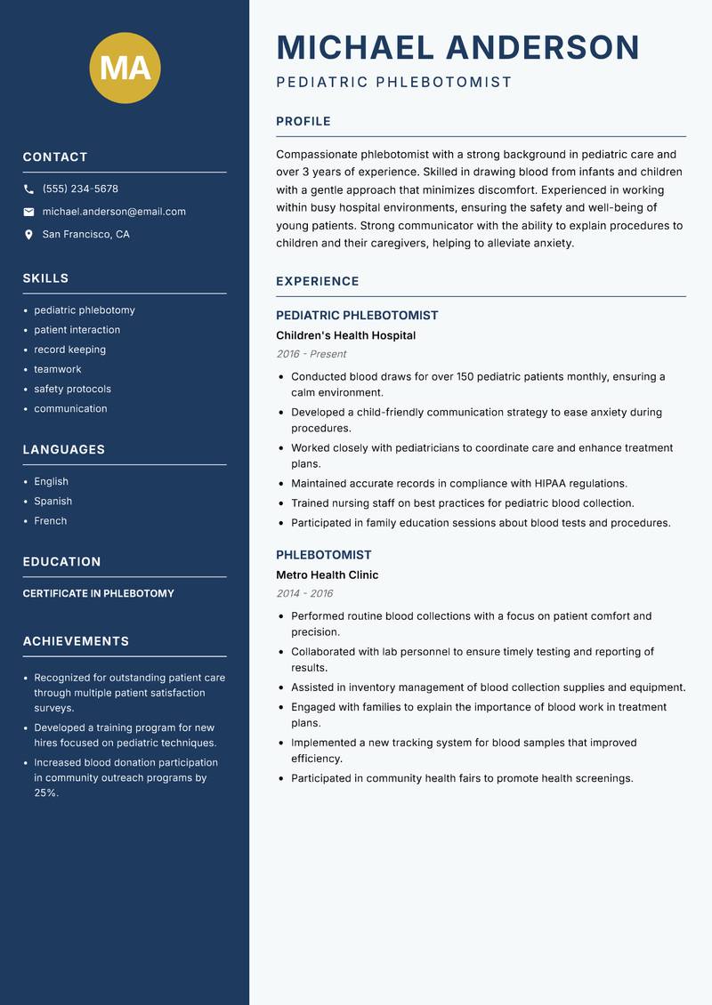 Phlebotomist resume sample — Pediatric Phlebotomist focus