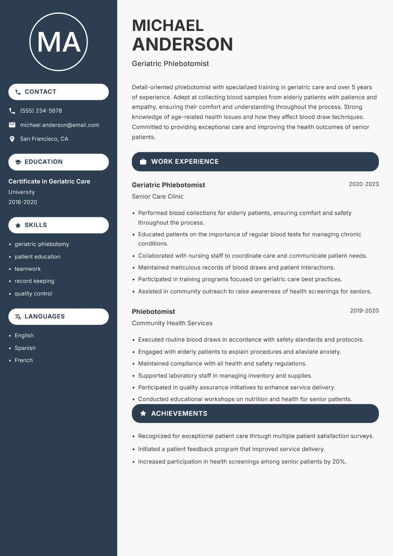 Phlebotomist resume sample — Geriatric Phlebotomist focus