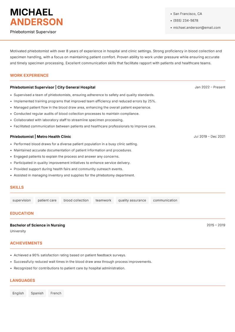 Phlebotomist resume sample — Phlebotomist Supervisor focus
