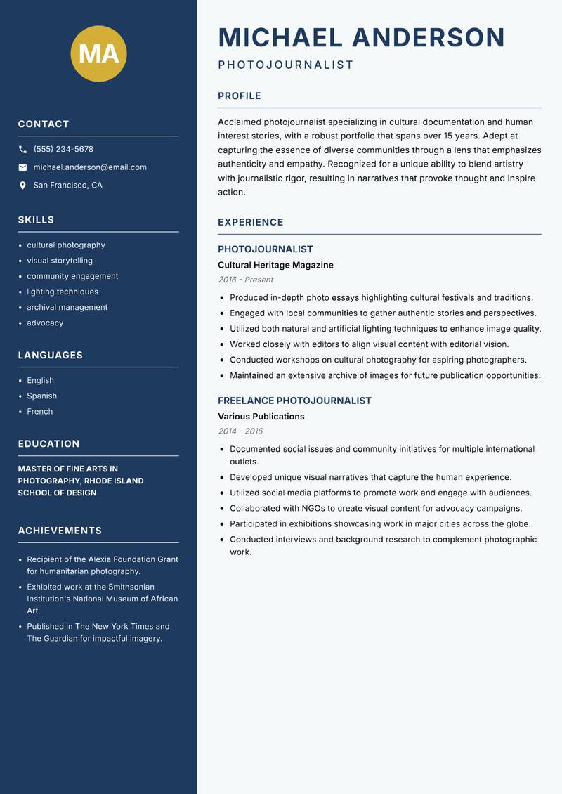 Photojournalist resume sample — Photojournalist focus