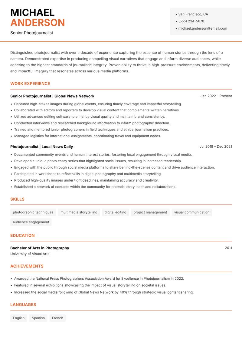 Photojournalist resume sample — Senior Photojournalist focus