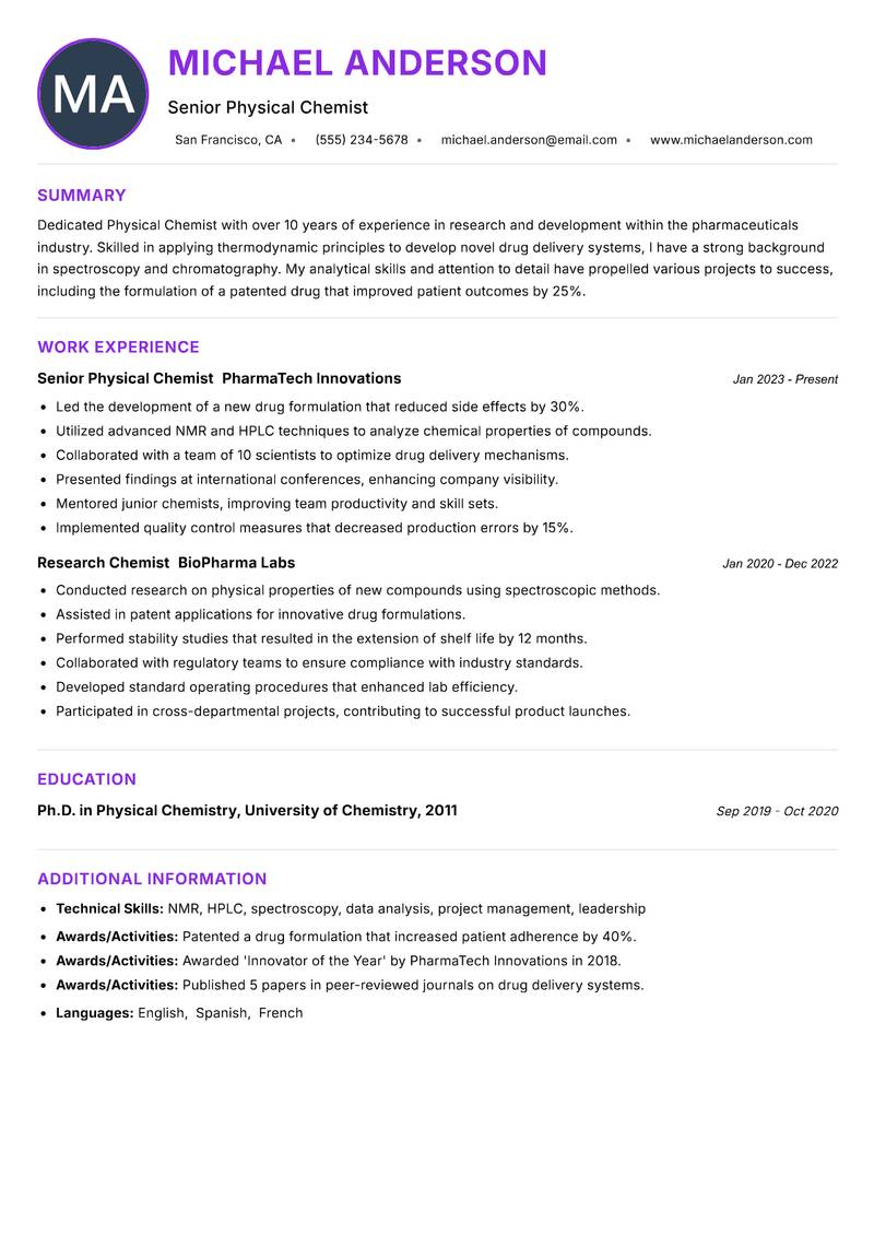 Physical Chemist resume example