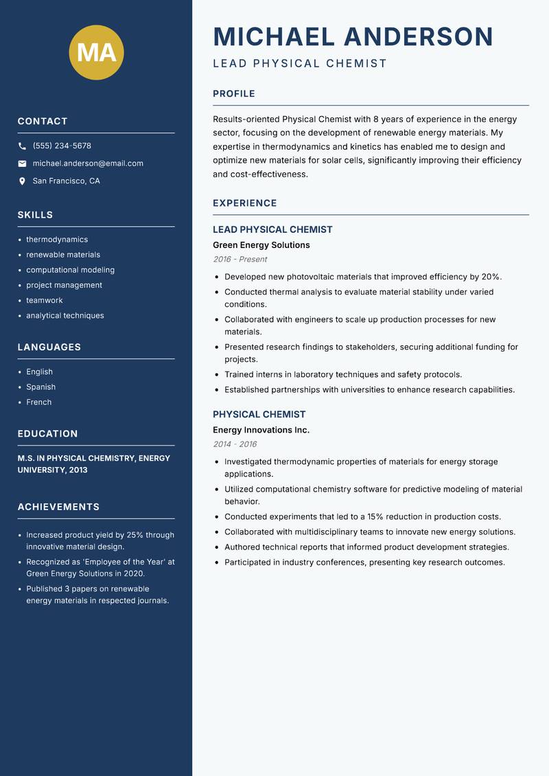 Physical Chemist resume sample — Lead Physical Chemist focus