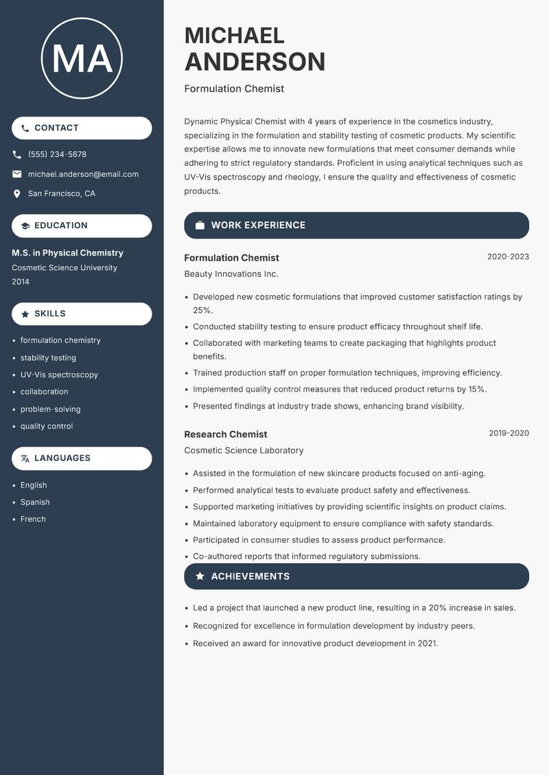 Physical Chemist resume sample — Formulation Chemist focus