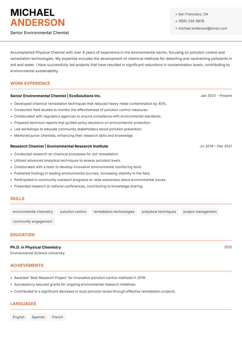 Physical Chemist resume sample — Senior Environmental Chemist focus